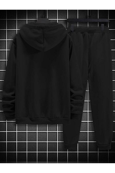 YUVEST COPY - BLACKROCK Black PARIS JET'AİME Printed Hooded Sweatshirt and Sweatpants Tracksuit Set