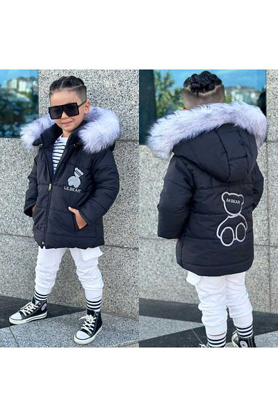 Pink Hippo Kids Unisex Children's Puffer Coat with Teddy Bear Printed on the Back and Removable Fur Hood