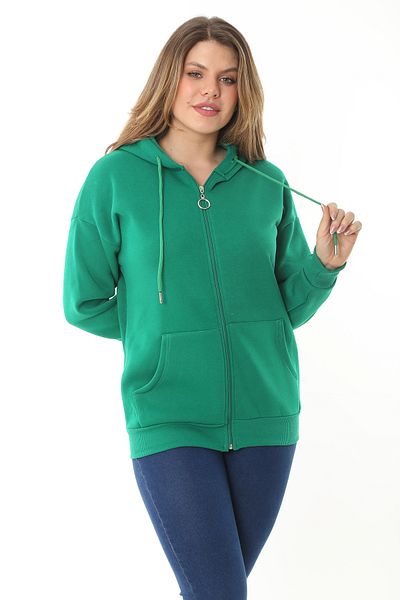 Şans Women's Large Size Green Raised Inside 3 Thread Front Zipper Hooded Sweatshirt 65N37114