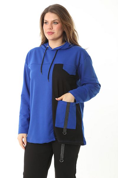 Şans Women's Large Size Saks Color Combination Sweatshirt Trousers Double Suit 65N37127