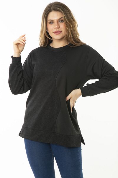 Şans Women's Large Size Black Dueble Face Fabric Color Combination Sweatshirt 65N37124