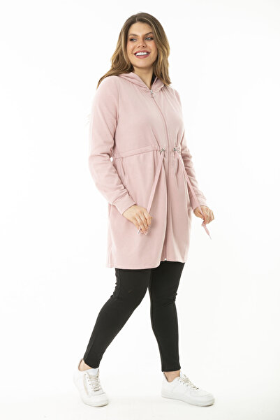 Şans Women's Large Size Pink Hooded Drawstring Sweatshirt 65N37119