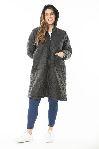 Şans Women's Large Size Black Front Leather Hooded Quilted Lined Long Coat 65N37106