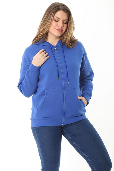 Şans Women's Large Size Sleeveless 3 Thread Front Zipper Hooded Sweatshirt 65N37114