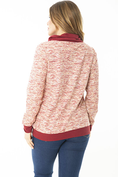 Şans Women's Large Size Eyelet Lace and Ornamental Button Detailed Kangaroo Pocket High Collar Sweatshirt 65N37122