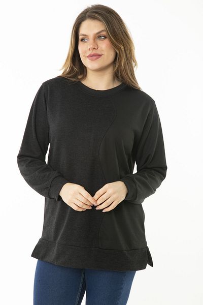 Şans Women's Large Size Black Dueble Face Fabric Color Combination Sweatshirt 65N37124