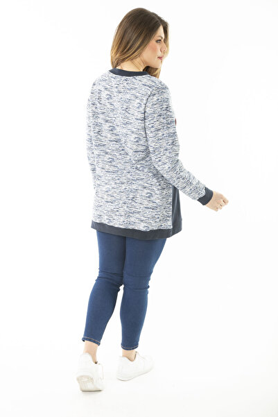 Şans Women's Large Size Navy Blue Ornamental Button and Cup Detailed Sweatshirt 65N37121