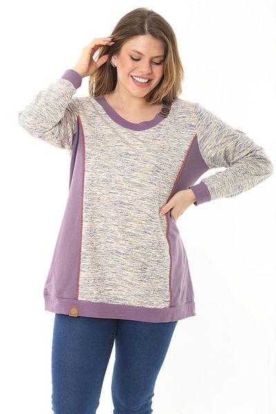 Şans Women's Large Size Purple Ornamental Button and Cup Detailed Sweatshirt 65N37121
