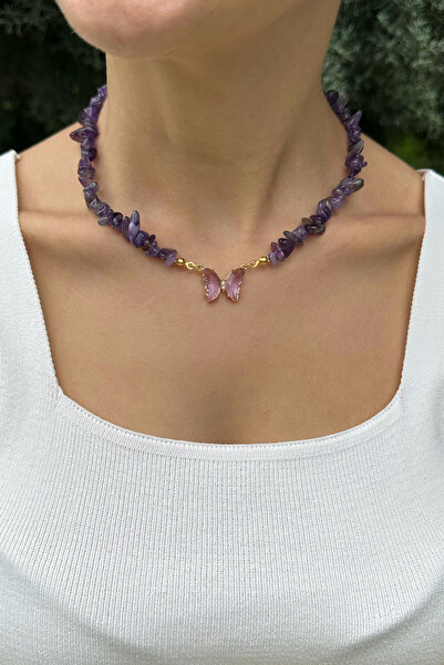 EST Aksesuar Ametist Doğal Taş Cam Kelebek Kolye