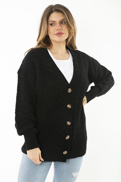Şans Women's Large Size Black Hair Knit Front Buttoned Thick Knitwear Cardigan 65N37129