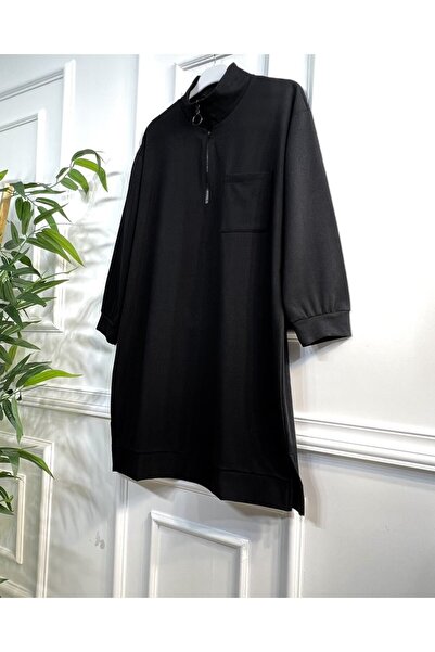 Aşkı Endam Asian Zipper Detailed Two Thread Combed Cotton Tunic - Black