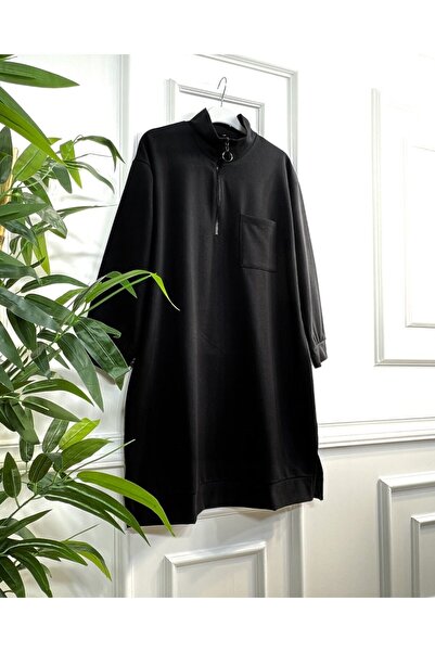 Aşkı Endam Asian Zipper Detailed Two Thread Combed Cotton Tunic - Black