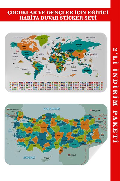 Decoraw Educational - Tutorial World And Turkey Map Children's Room Wall Sticker