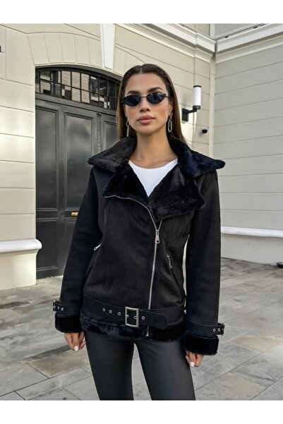 Elif Özbey Butik Siyah Kemer Detaylı Kürk Mont