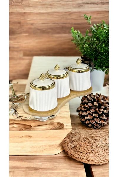 Akkoyunlu home Luxury Gold Gilded 3-Piece Porcelain Spice Jar Set