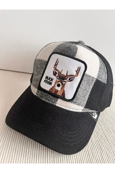 HatClub Exclusive Унисекс черно-бяла карирана шапка с регулируема гръбна фигурка на Buck Fever Deer