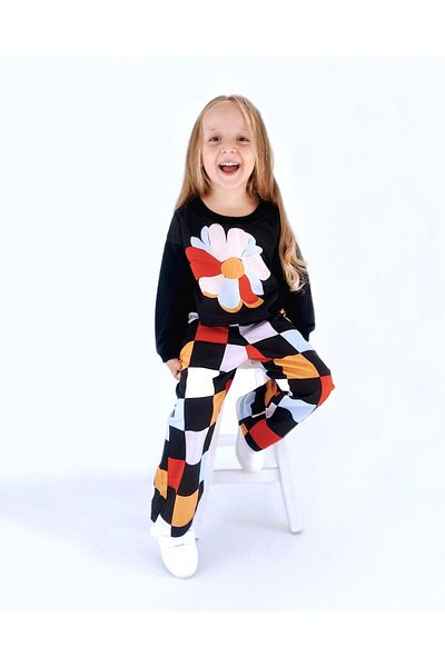 le petit sole Girl's Floral and Square Patterned Bottom-Top Set
