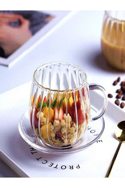 hediyeofisi 300 ml Striped Patterned Heat Resistant Glass Mug Cup with Handle Coffee Bead Cup Grape Cup