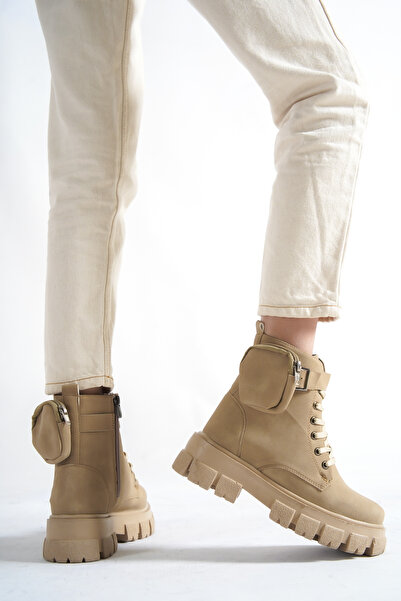 Nubbock Women's Beige Wallet Pocket Waterproof Zippered Boots Nk0210