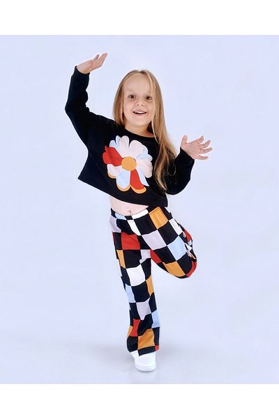 le petit sole Girl's Floral and Square Patterned Bottom-Top Set