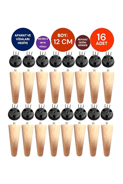 TNT 16'lı 12 cm Ahşap Konik Ayak Doğal Gürgen Koltuk Ayağı-Baza-Tv Ünitesi-Ça...