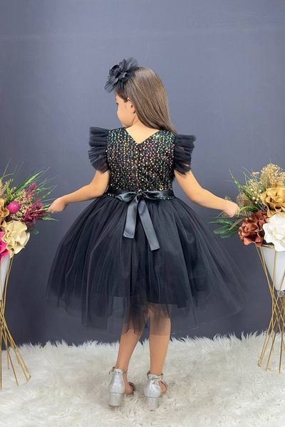 ABİYEKİDS Sequined Tulle Black Children's Evening Dress ABY955