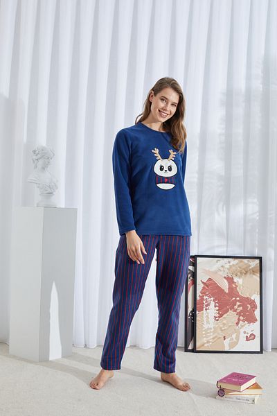 Siyah İnci Navy Blue Patterned Bottom-Top Polar Embroidered Pajama Set