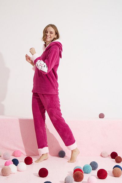 Siyah İnci fuchsia Bottom-Top Wellsoft Hooded Embroidered Pajama Set