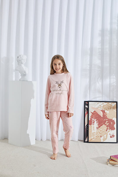 Siyah İnci Pink Top-Bottom Fleece Embroidered Pajama Set