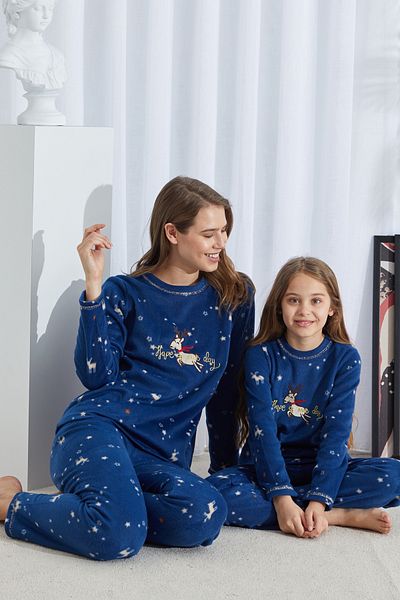 Siyah İnci Navy Blue Patterned - Lower-Upper Fleece Embroidered Pajama Set