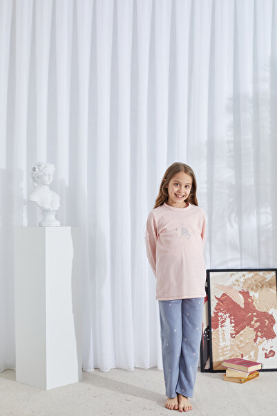 Siyah İnci Pink Patterned Bottom-Top Polar Embroidered Pajama Set