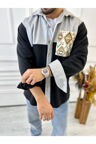 elkumoda Πουκάμισο με στάμπα Πουκάμισο μεγάλου μεγέθους με τσέπες Ethnic τσέπη Λεπτομερές φαρδύ πουκάμισο με χοντρό μπουφάν