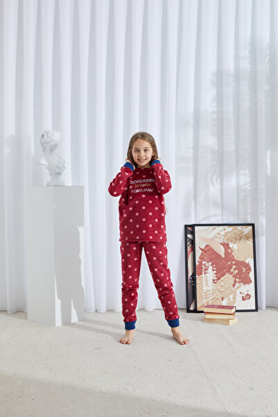 Siyah İnci burgundy patterned Bottom-Top Polar Embroidered Pajama Set