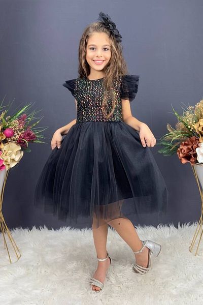 ABİYEKİDS Sequined Tulle Black Children's Evening Dress ABY955