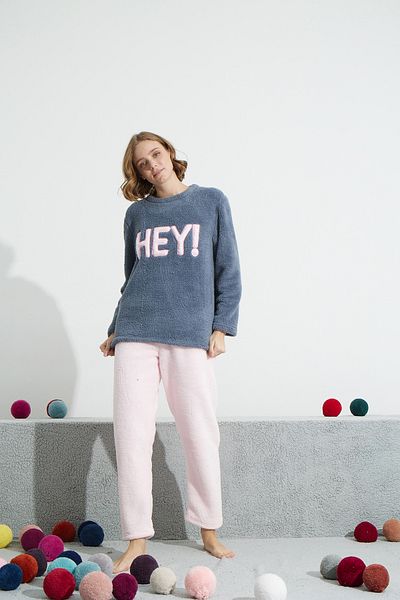 Siyah İnci indigo Bottom-Top Wellsoft Embroidered Pajama Set