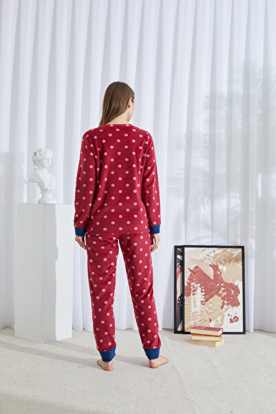 Siyah İnci burgundy patterned Bottom-Top Polar Embroidered Pajama Set
