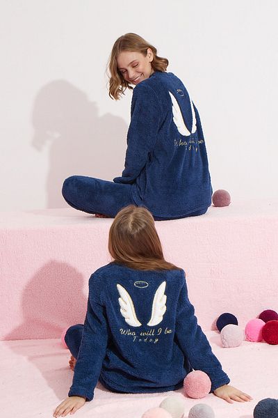 Siyah İnci Σετ πιτζάμες με κέντημα με μπλε Navy Bottom-Top Wellsoft