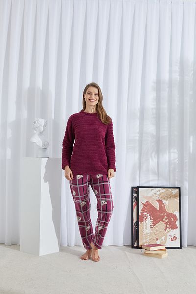 Siyah İnci Cherry Patterned Bottom Fleece Top Wellsoft Embroidered Pajama Set