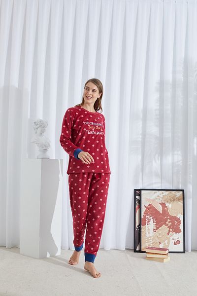 Siyah İnci burgundy patterned Bottom-Top Polar Embroidered Pajama Set