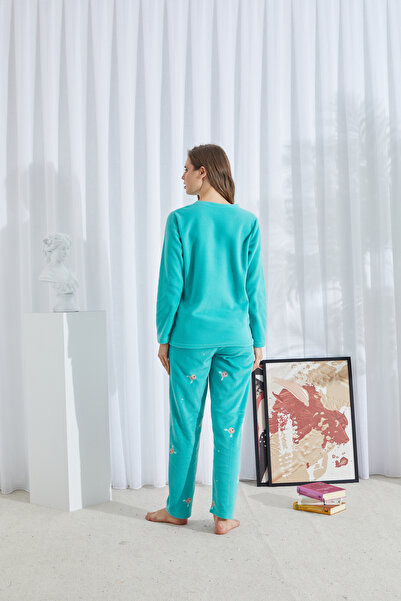 Siyah İnci Green Bottom-Top Polar Embroidered Pajama Set