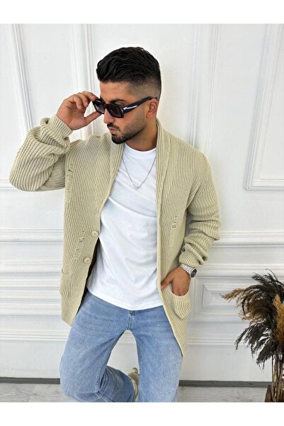 elkumoda Cardigan Braided Shawl Collar Pocket Laser Cut Ripped Detail Non-Pilling Knitted Cardigan