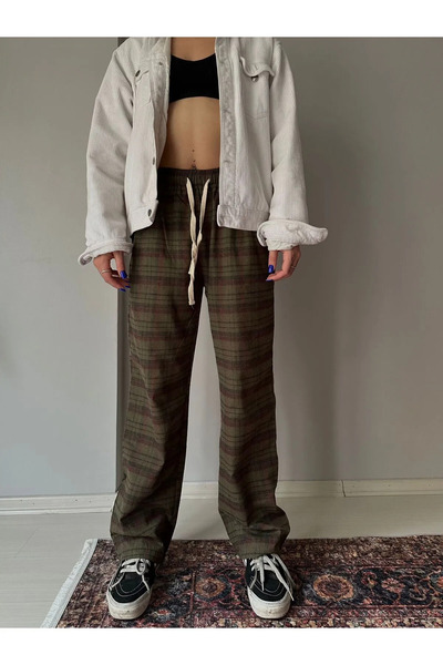 Gofeel Harajuku Unisex Kareli Geniş Paça Kargo Cepli Ekose Eşofman Altı Stree...