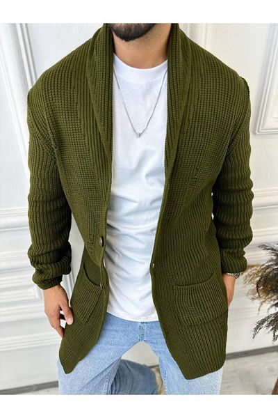 elkumoda Cardigan Braided Shawl Collar Pocket Laser Cut Ripped Detail Non-Pilling Knitted Cardigan