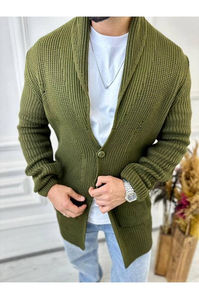 elkumoda Cardigan Braided Shawl Collar Pocket Laser Cut Ripped Detail Non-Pilling Knitted Cardigan