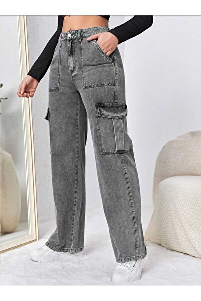 SHEVEGA Smoked High Waist Women's Cargo Pocket Wide Leg Loose Jeans Flare Jeans