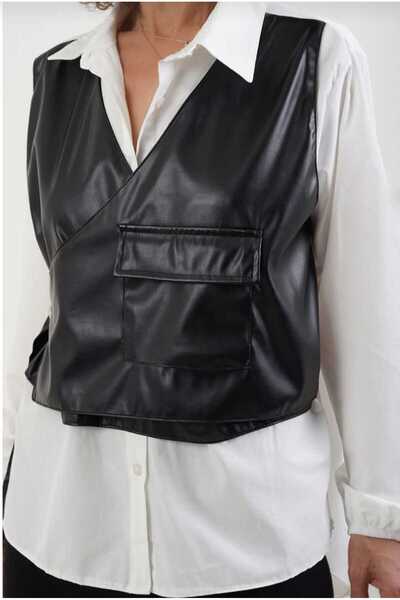 BEBE PLUS BEYAZ ÖNDEN DERİ YELEK DETAYLI GÖMLEK