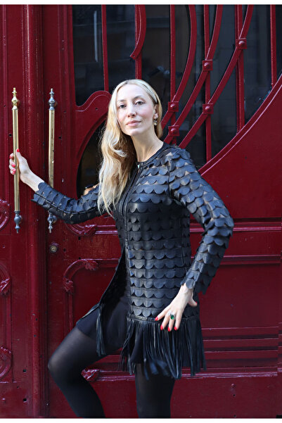 Gaia Stil Hakiki Deri Ceket Tül Üzerine Siyah Deri Patchwork İşlemeli Özel Tasarım El Yapımı