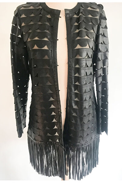 Gaia Stil Hakiki Deri Ceket Tül Üzerine Siyah Deri Patchwork İşlemeli Özel Tasarım El Yapımı