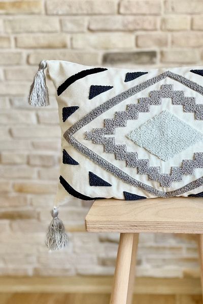 SWITA Husă de pernă cu design special brodat cu perforare, unică, decorativă, gri (panch)