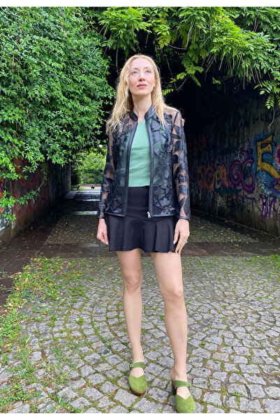 Genel Markalar Hakiki Deri Ceket Tül Üzerine Patchwork İşlemeli Özel Tasarım El Yapımı